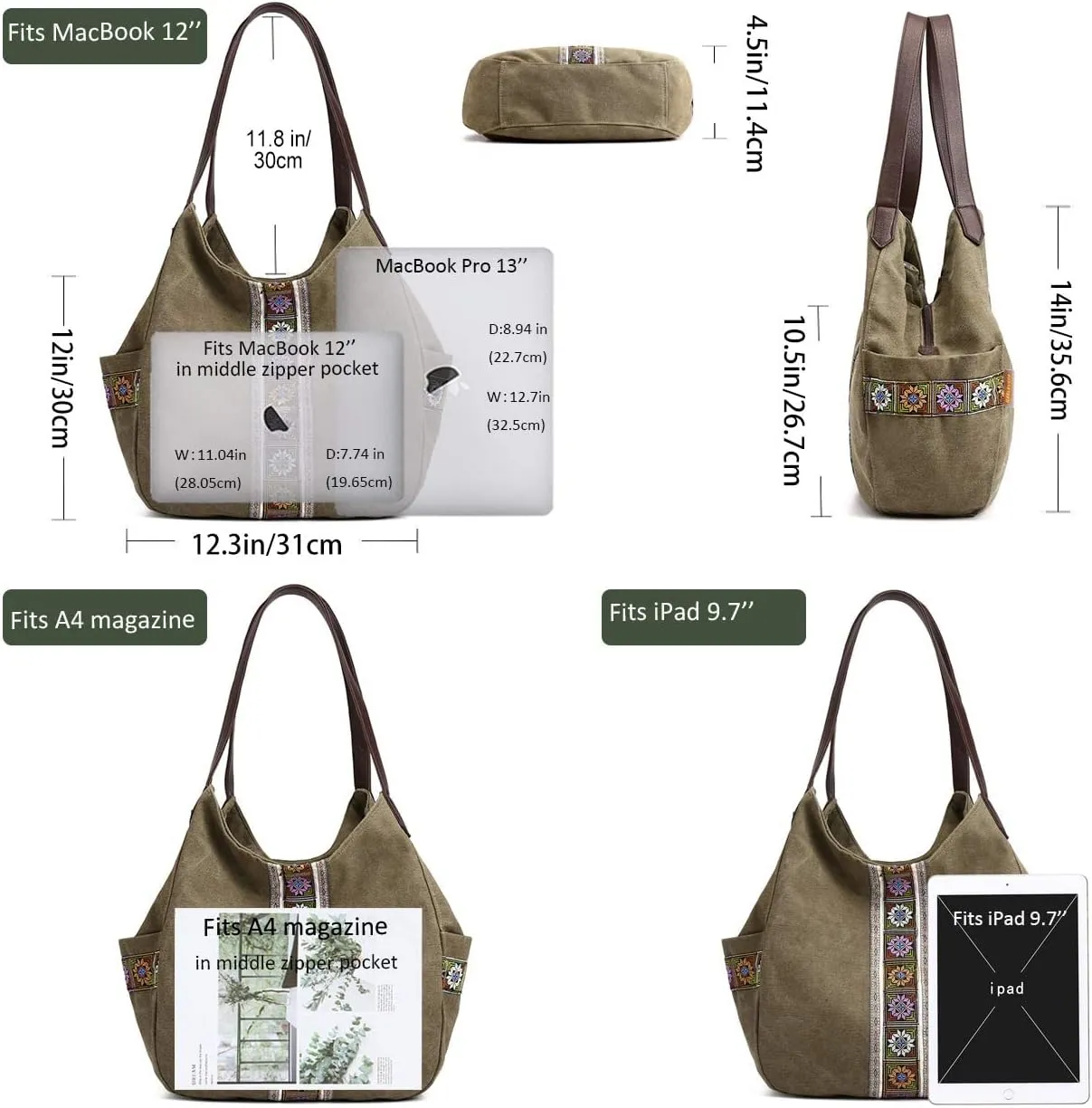 Worldlyda Women Canvas Hobo Purse Multi Pocket Tote Shopper Shoulder Bag Casual Top Handle handbag with Embroidery Ethnic