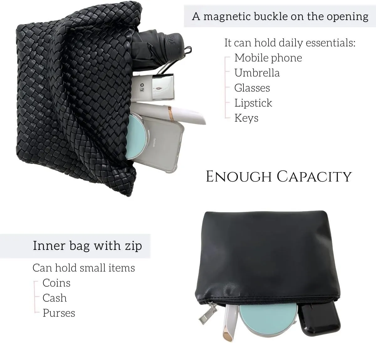 Woven Handbag for Woman Vegan Leather Hand Woven Shoulderbag and Purse Small Fashion Shopper Bag