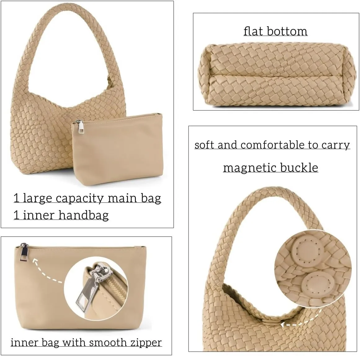 Woven Handbag for Woman Vegan Leather Hand Woven Shoulderbag and Purse Small Fashion Shopper Bag
