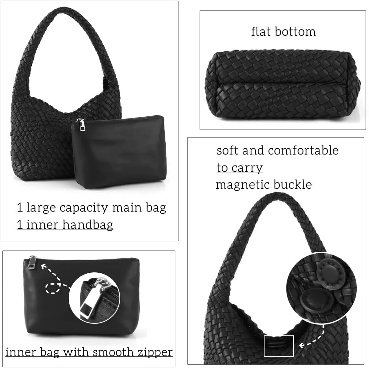 Woven Handbag for Woman Vegan Leather Hand Woven Shoulderbag and Purse Small Fashion Shopper Bag