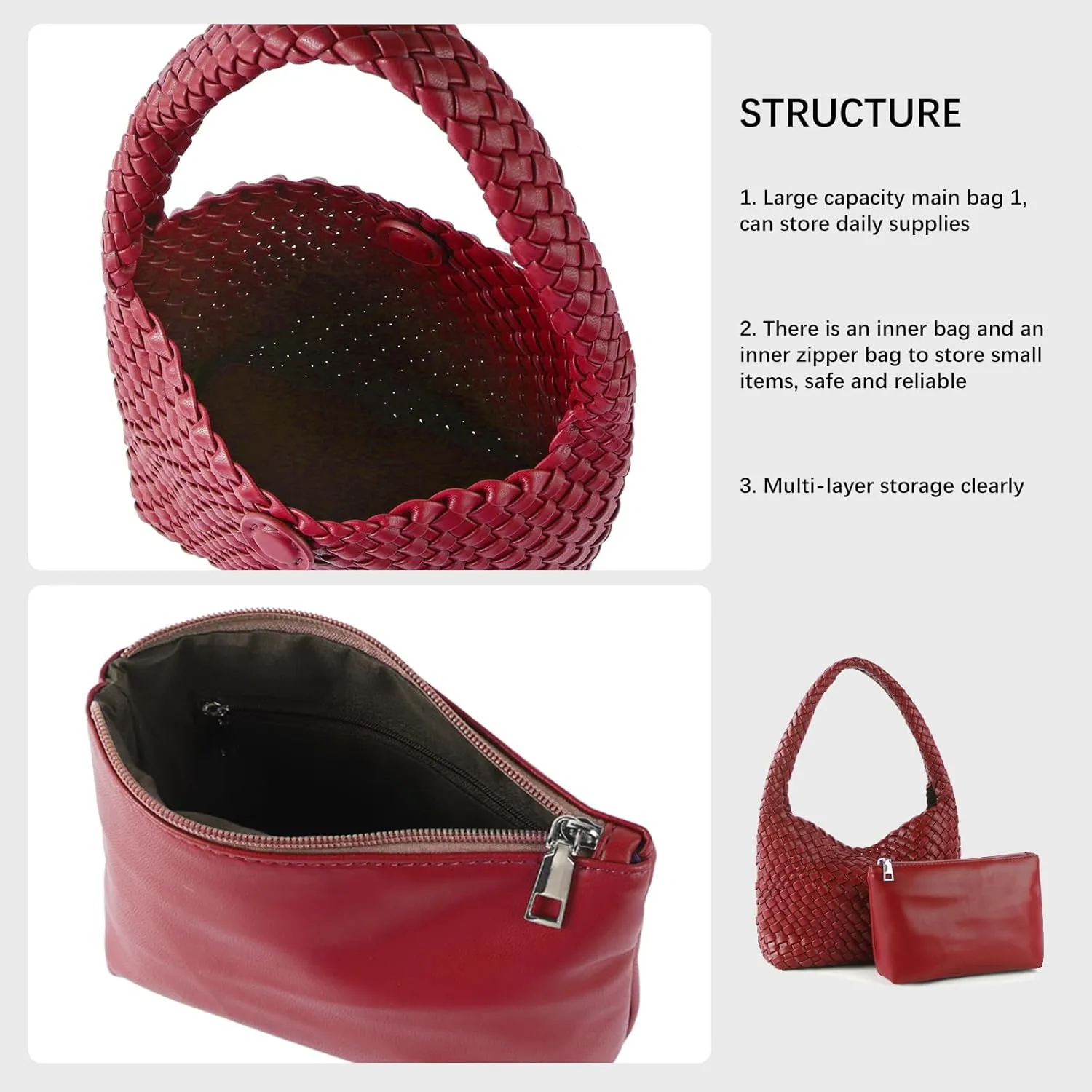 Woven Handbag for Woman Vegan Leather Shoulder bag and Purse Small Fashion Shopper Totes Ladies Underarm Bags