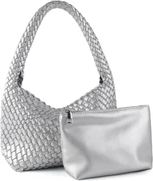 Woven Handbag for Woman Vegan Leather Shoulder bag and Purse Small Fashion Shopper Totes Ladies Underarm Bags