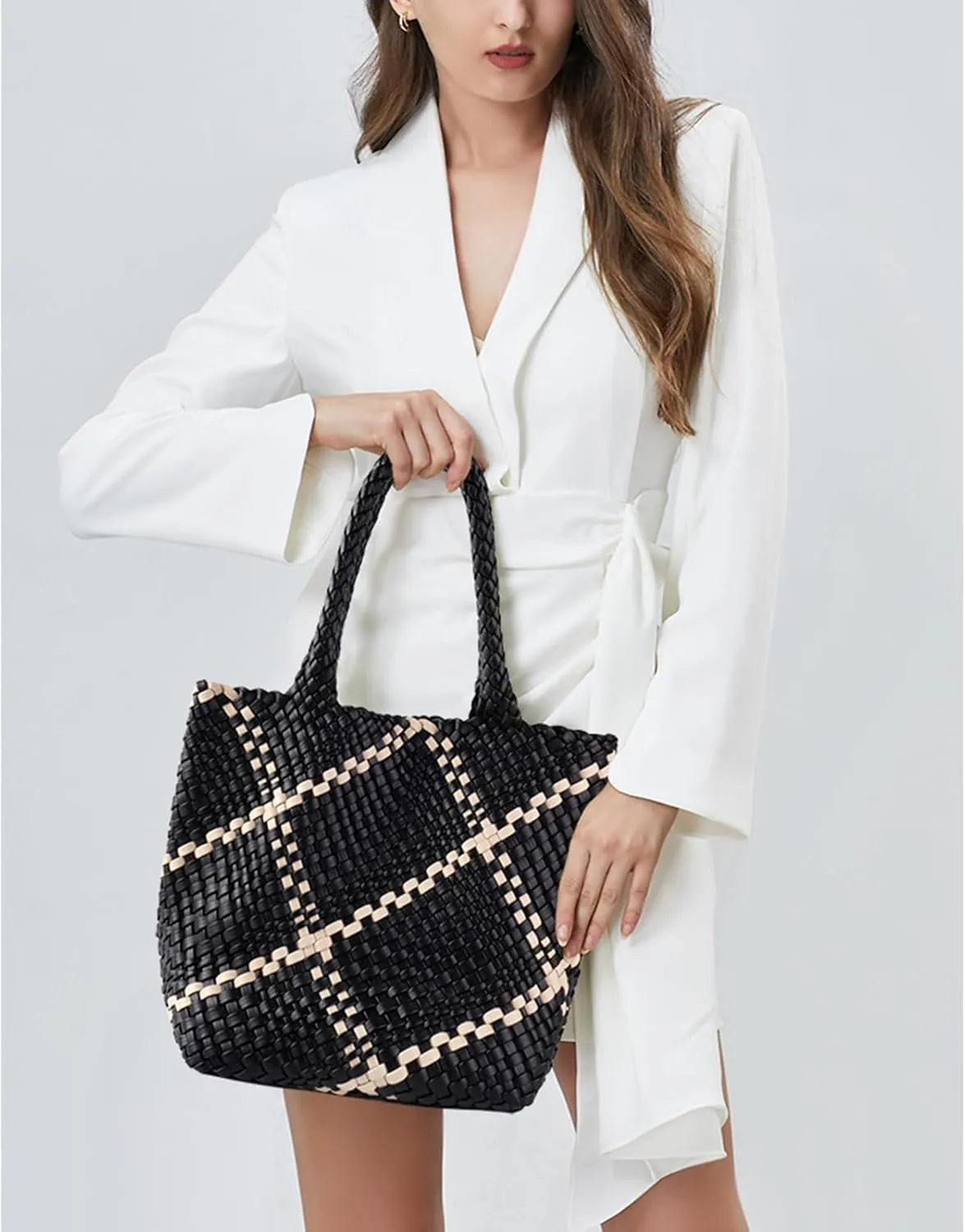 Woven Handbag for Women Top Handle Shoulder Bag Vegan Leather Shopper Bag Large Travel Totes Summer Beach Tote Bags
