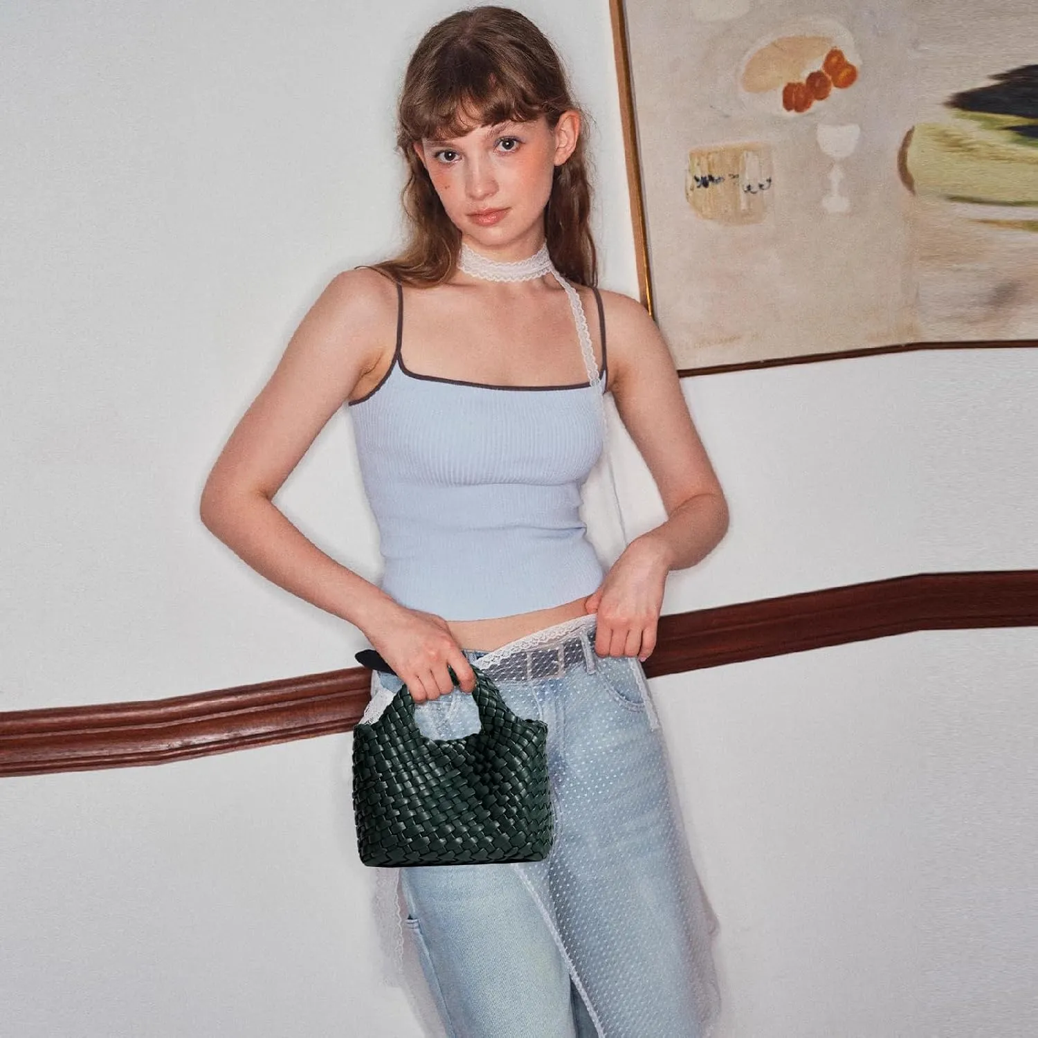 Woven Tote Bag for Women with Coin Purse, Foldable Chain Small Crossbody Handbags, Fashion Shoulder Bag, Hobo Satchel