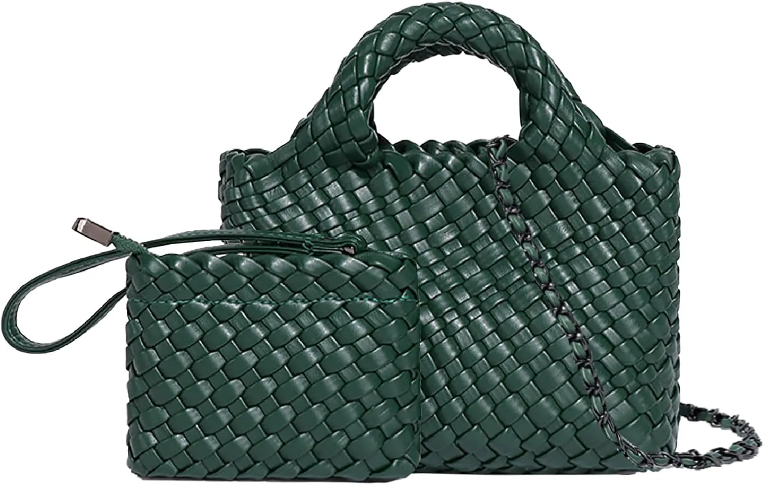 Woven Tote Bag for Women with Coin Purse, Foldable Chain Small Crossbody Handbags, Fashion Shoulder Bag, Hobo Satchel