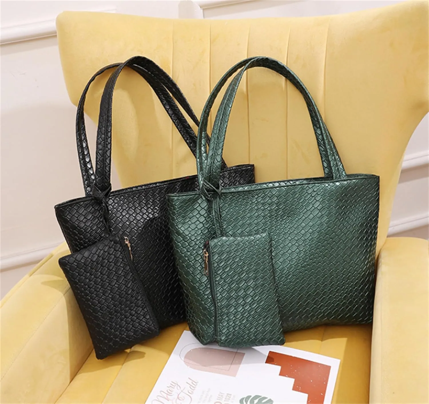 Woven Tote Bags Vegan Leather Purses and Handbags for Women Top Handle Ladies Shoulder Bags 2pc Set