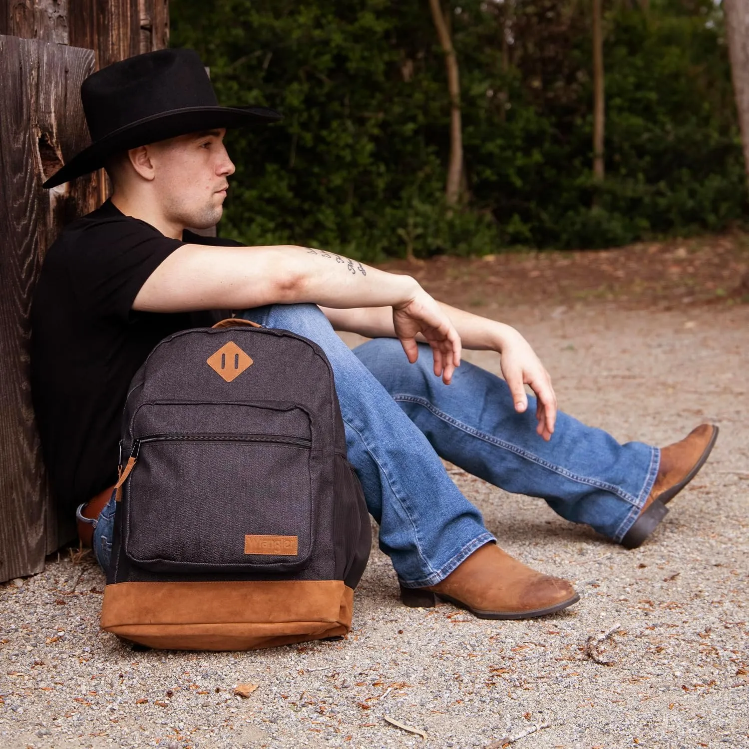 Wrangler Yellowstone Genuine Denim Sturdy Backpack for Travel Classic Logo Casual Daypack for Travel with Padded Laptop Notebook Sleeve (Black Denim)