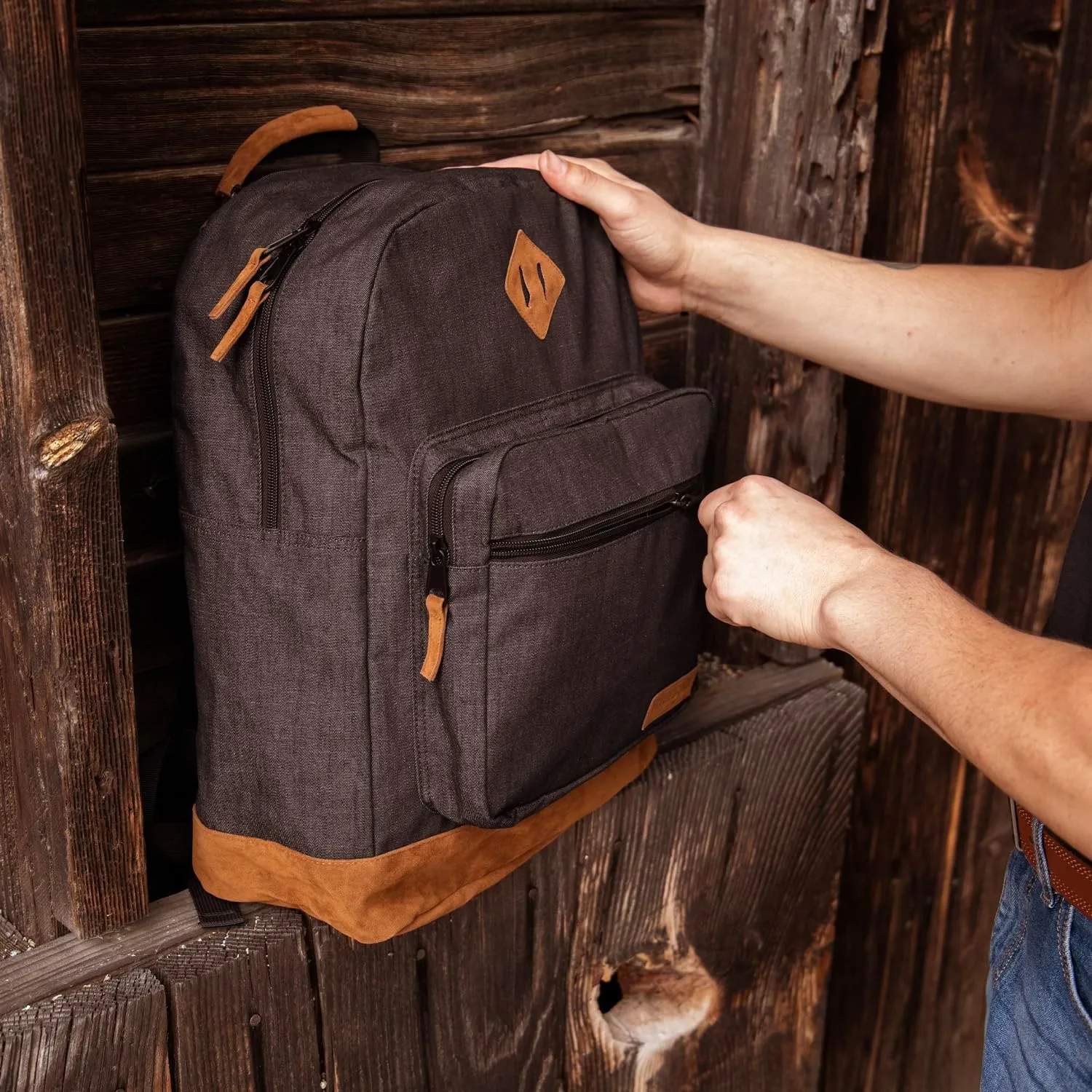 Wrangler Yellowstone Genuine Denim Sturdy Backpack for Travel Classic Logo Casual Daypack for Travel with Padded Laptop Notebook Sleeve (Black Denim)