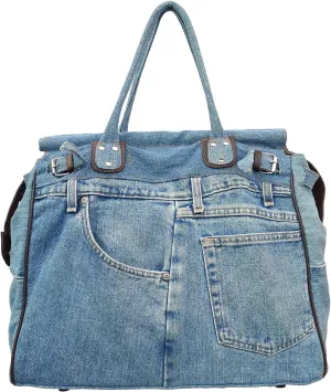 X-Large Blue Denim Double Top Handle Tote Shopper Handbag Purse for women