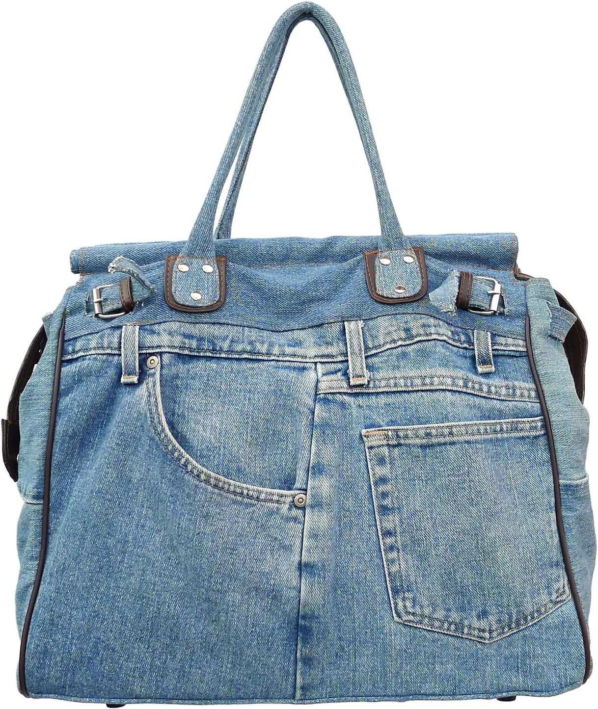 X-Large Blue Denim Double Top Handle Tote Shopper Handbag Purse for women