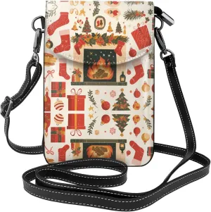 xmas eve fireplace gifts& red socks Pattern Leather Crossbody Flap Phone Bag - Versatile Gift for Women Walking, Camping, Shopping, and Travel
