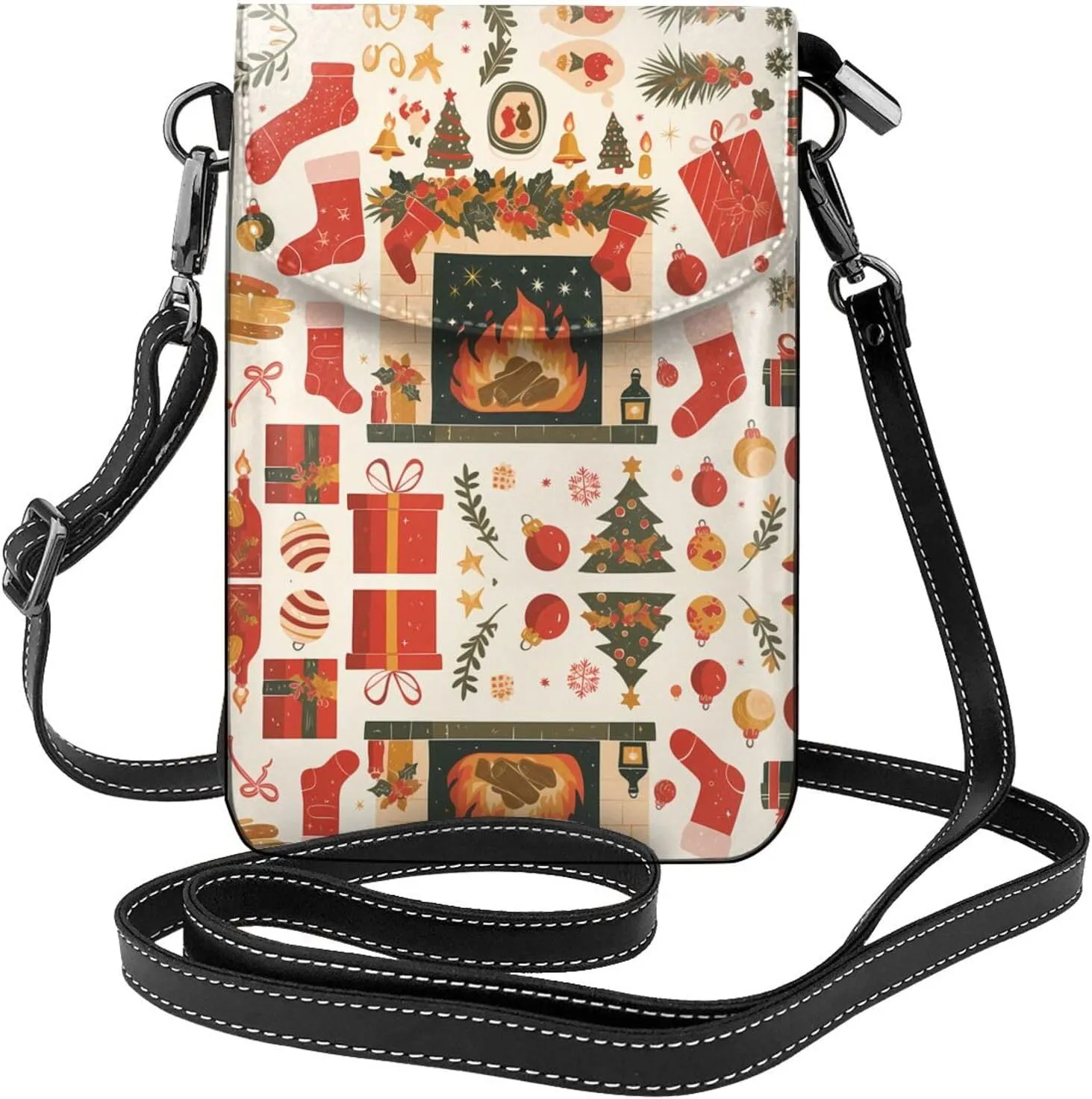 xmas eve fireplace gifts& red socks Pattern Leather Crossbody Flap Phone Bag - Versatile Gift for Women Walking, Camping, Shopping, and Travel