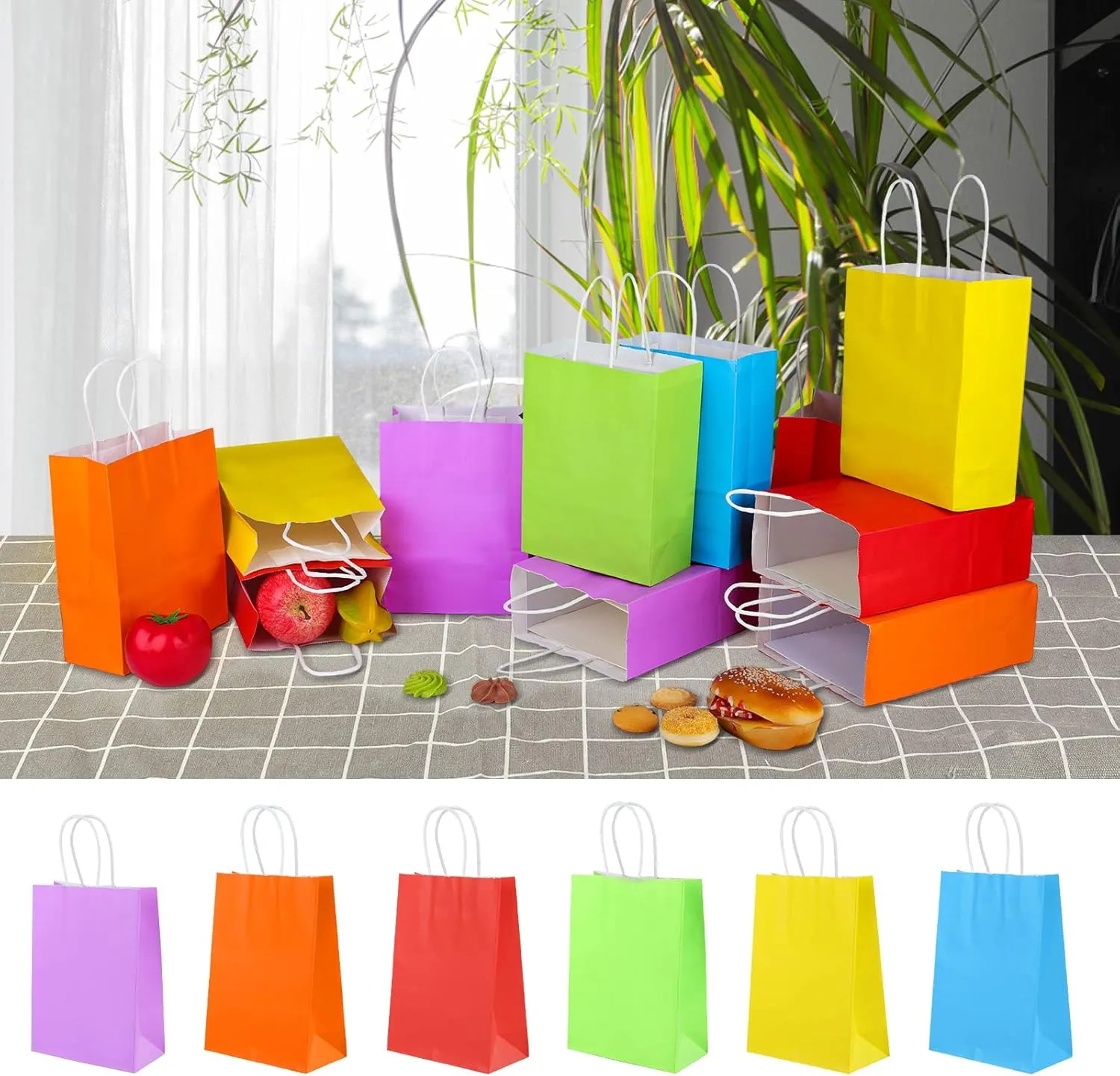 XPCARE 100Pcs Paper Gift Bags,6.3"x3.15"x8.66 Kraft Paper Party Favor Bulk Rainbow Goodie Small Gift Bags with Handles for Kids Birthday Baby Shower Crafts Wedding Party Supplies (6 Colors)