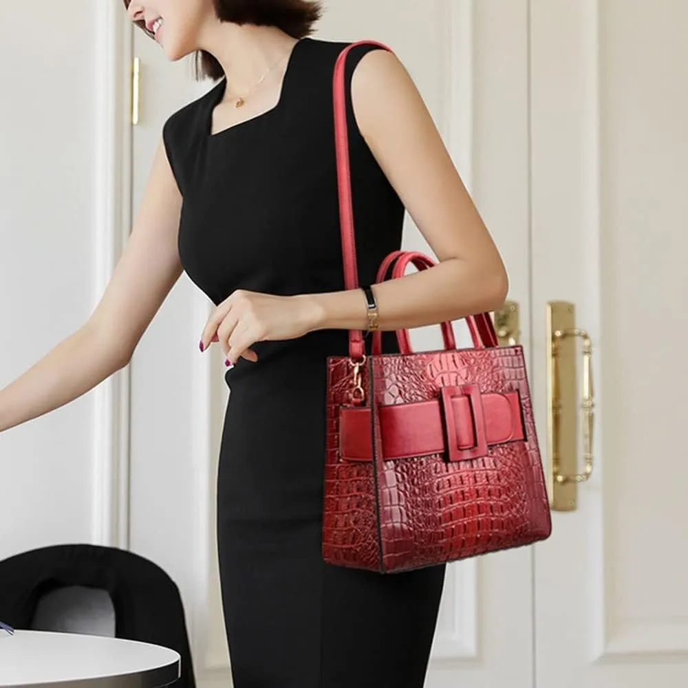XXGJOALD-Vintage Top-handle Handbags Purse Satchel for Women PU Crocodile Pattern Tote Commuter Bag Crossbody Shoulder Bag