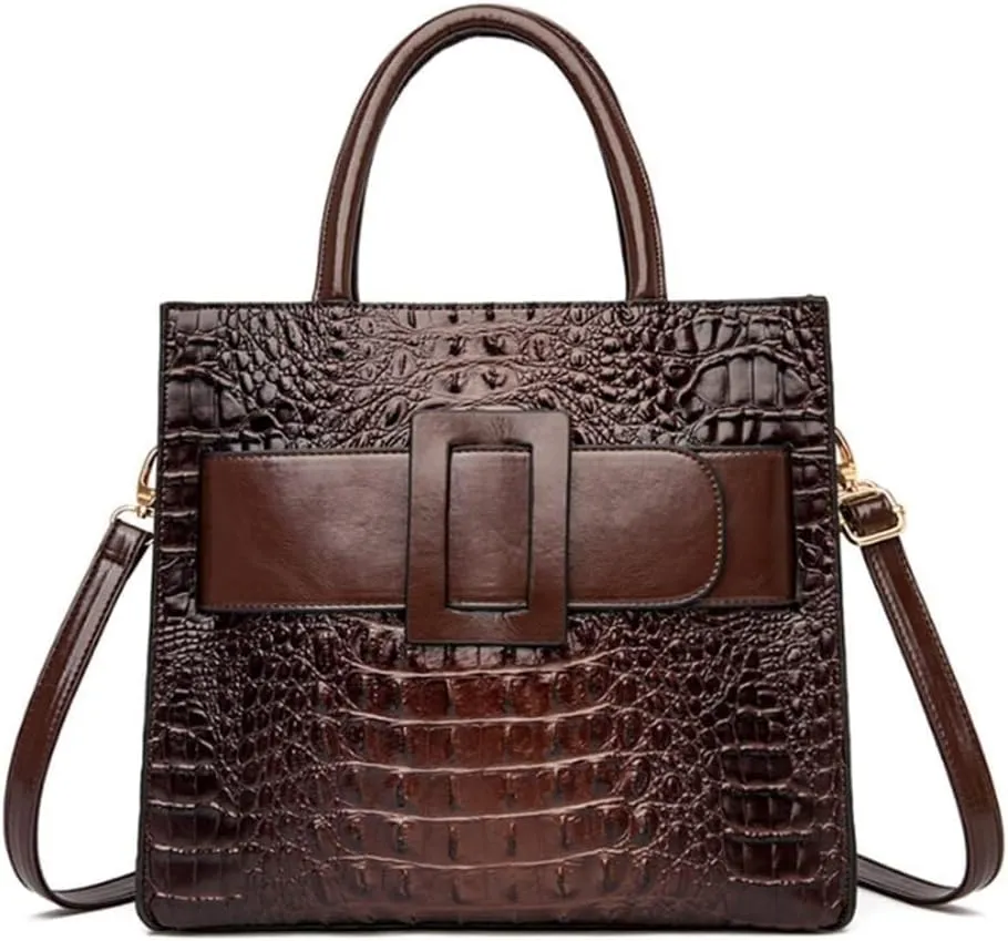 XXGJOALD-Vintage Top-handle Handbags Purse Satchel for Women PU Crocodile Pattern Tote Commuter Bag Crossbody Shoulder Bag