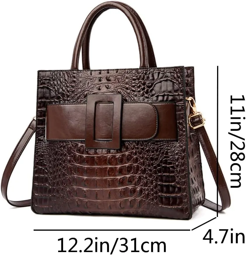 XXGJOALD-Vintage Top-handle Handbags Purse Satchel for Women PU Crocodile Pattern Tote Commuter Bag Crossbody Shoulder Bag