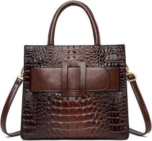XXGJOALD-Vintage Top-handle Handbags Purse Satchel for Women PU Crocodile Pattern Tote Commuter Bag Crossbody Shoulder Bag