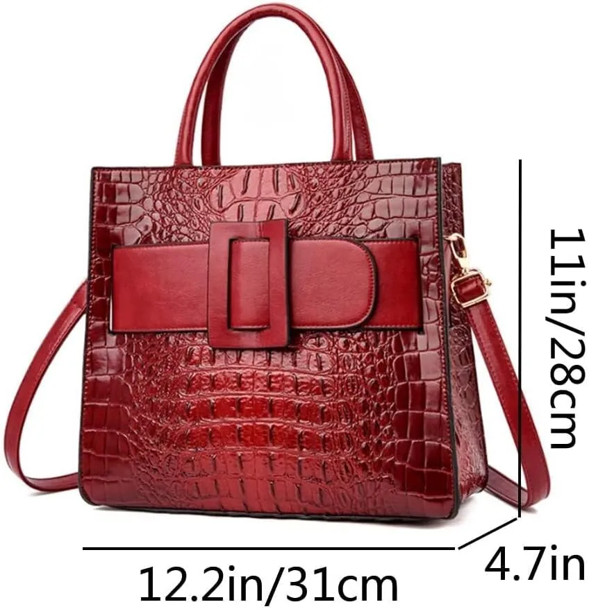XXGJOALD-Vintage Top-handle Handbags Purse Satchel for Women PU Crocodile Pattern Tote Commuter Bag Crossbody Shoulder Bag