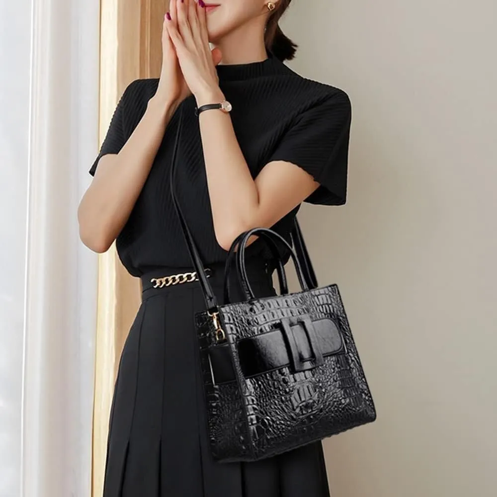 XXGJOALD-Vintage Top-handle Handbags Purse Satchel for Women PU Crocodile Pattern Tote Commuter Bag Crossbody Shoulder Bag