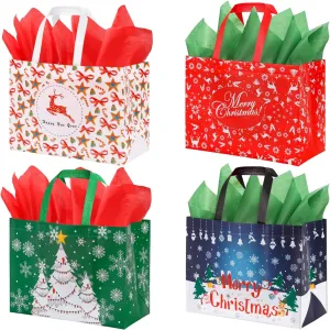 YANGTE 16 Pack Large Christmas Gift Bags with Tissue Paper, Bulk Reusable Christmas Tote Bags with Handles for Grocery Shopping Totes Xmas Event Party, 12.6" x 9.8" x 6.7"