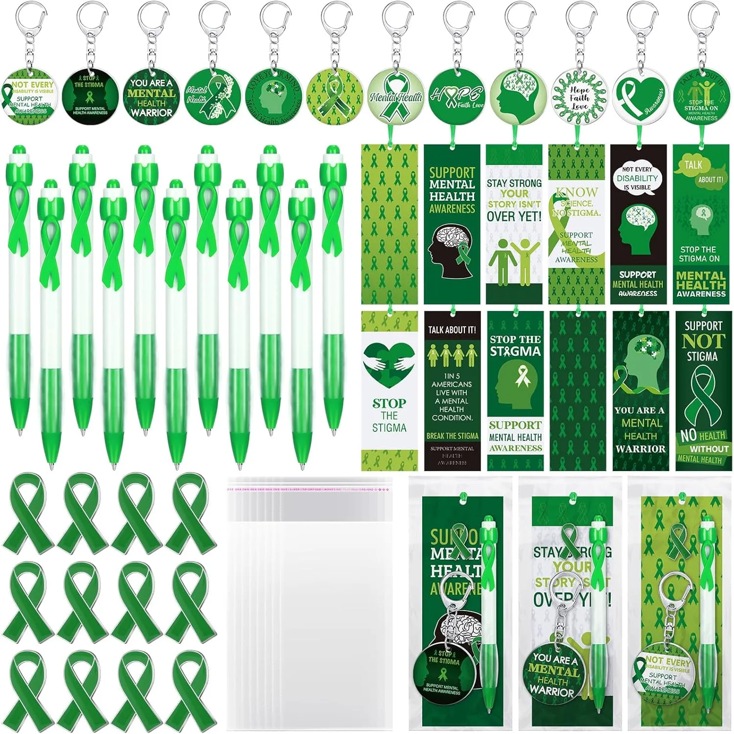 Yaomiao 180 Pcs/ 30 Sets Mental Health Awareness Gift Accessory Include 30 Green Ribbon Awareness Pen 60 Mental Health Bookmark 30 Green Ribbon Pin 30 Keychain and Cellophane Bags for Campaign Support