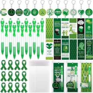 Yaomiao 180 Pcs/ 30 Sets Mental Health Awareness Gift Accessory Include 30 Green Ribbon Awareness Pen 60 Mental Health Bookmark 30 Green Ribbon Pin 30 Keychain and Cellophane Bags for Campaign Support