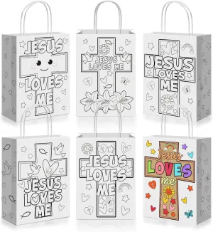 Yaomiao 24 Pcs Religious Coloring Bags Jesus Loves Me Paper Bags Color Your Own Christian DIY Goodies Craft VBS Gift Catholic Kraft Reusable Paper Tote Bulk for Sunday School Classroom Party Favor