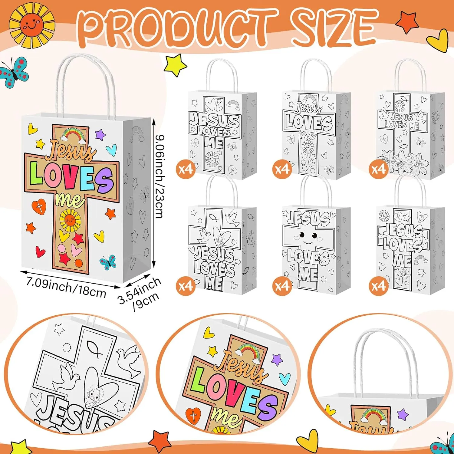 Yaomiao 24 Pcs Religious Coloring Bags Jesus Loves Me Paper Bags Color Your Own Christian DIY Goodies Craft VBS Gift Catholic Kraft Reusable Paper Tote Bulk for Sunday School Classroom Party Favor