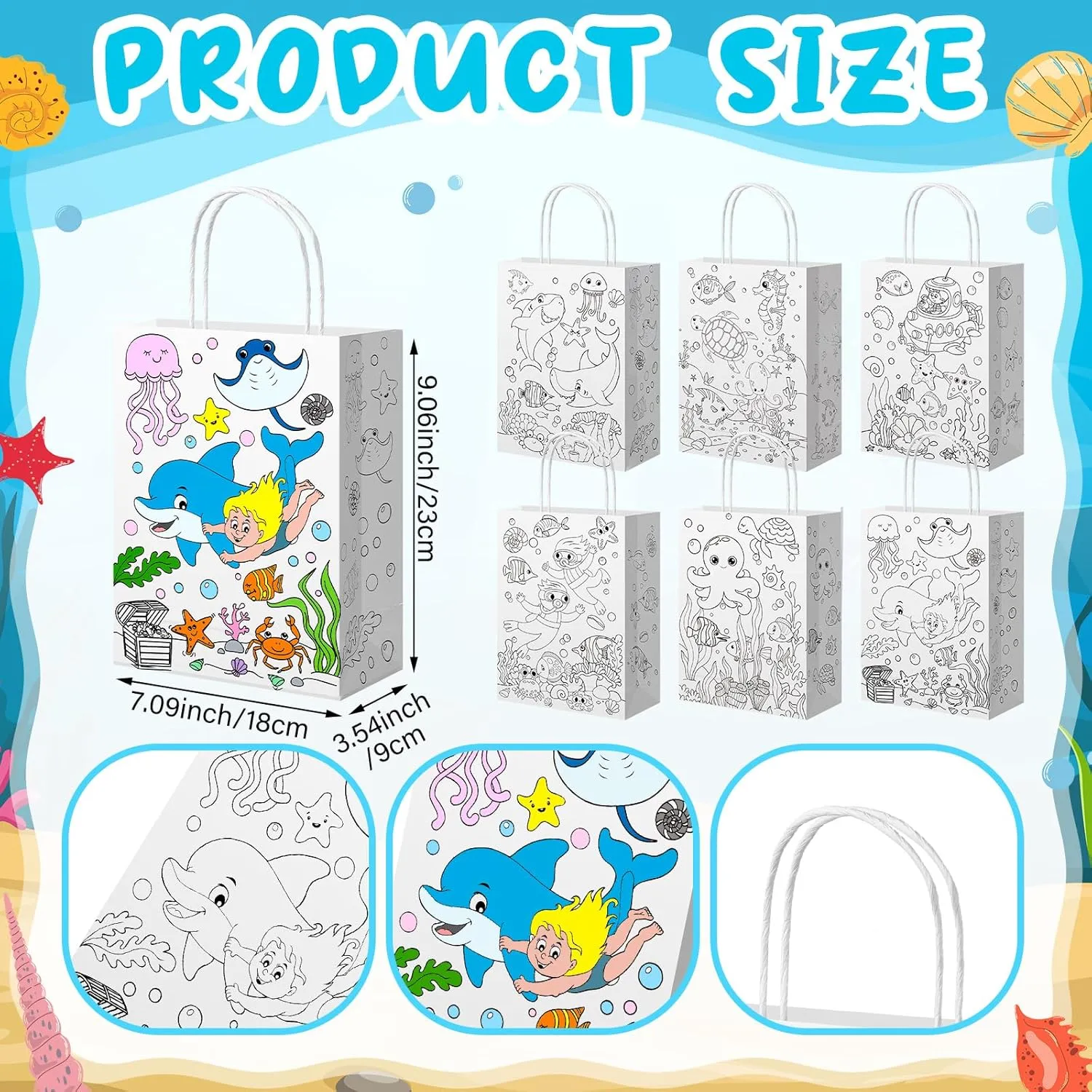 Yaomiao 24 Pcs Under the Sea Coloring Goodie Bags Marine Party Gift Bags Color Your Own Ocean Animal Sea Life DIY Kraft Paper Treat Tote Reusable Bulk for Summer Birthday Baby Shower Party Supplies