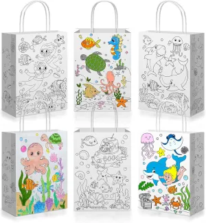 Yaomiao 24 Pcs Under the Sea Coloring Goodie Bags Marine Party Gift Bags Color Your Own Ocean Animal Sea Life DIY Kraft Paper Treat Tote Reusable Bulk for Summer Birthday Baby Shower Party Supplies