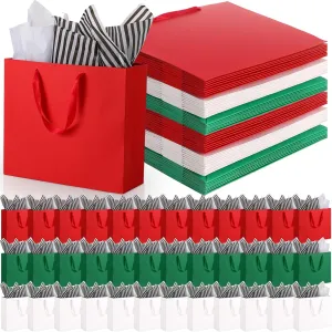 Yeaqee 36 Pack Gift Bags with Ribbon Handles, 12.5" x 4.5" x 11" Large Gift Bags 72 Pcs Gift Tissue Paper for Shopping Small Business Bridal Party Wedding Christmas and Holiday (Red White Green)