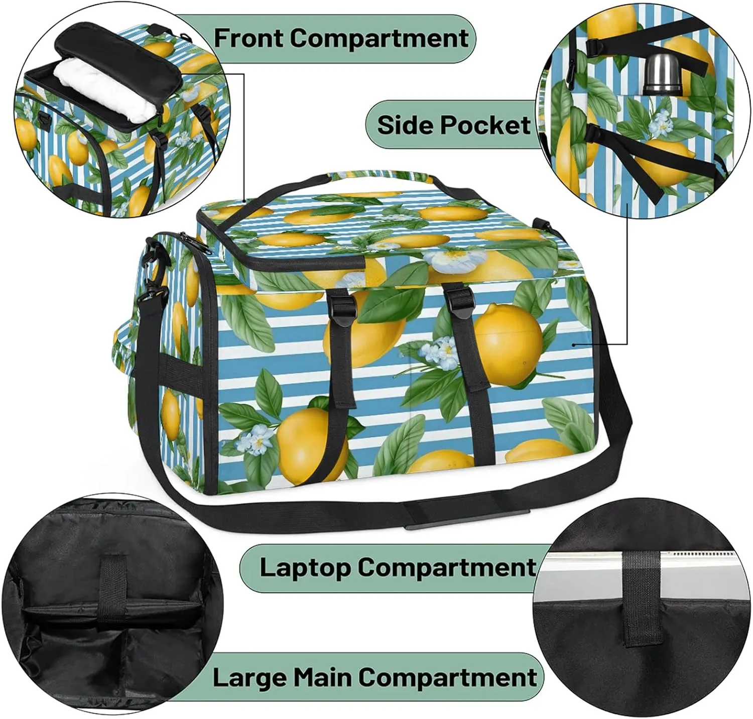 Yellow Lemon Theme Gym Duffle Bag Backpack Waterproof Sports Bags with Shoe Compartment 48L Carry On Overnight Weekender Travel Luggage