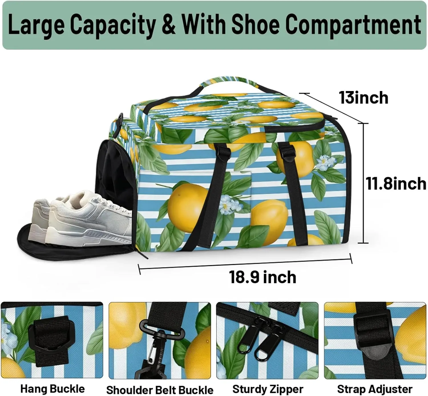 Yellow Lemon Theme Gym Duffle Bag Backpack Waterproof Sports Bags with Shoe Compartment 48L Carry On Overnight Weekender Travel Luggage