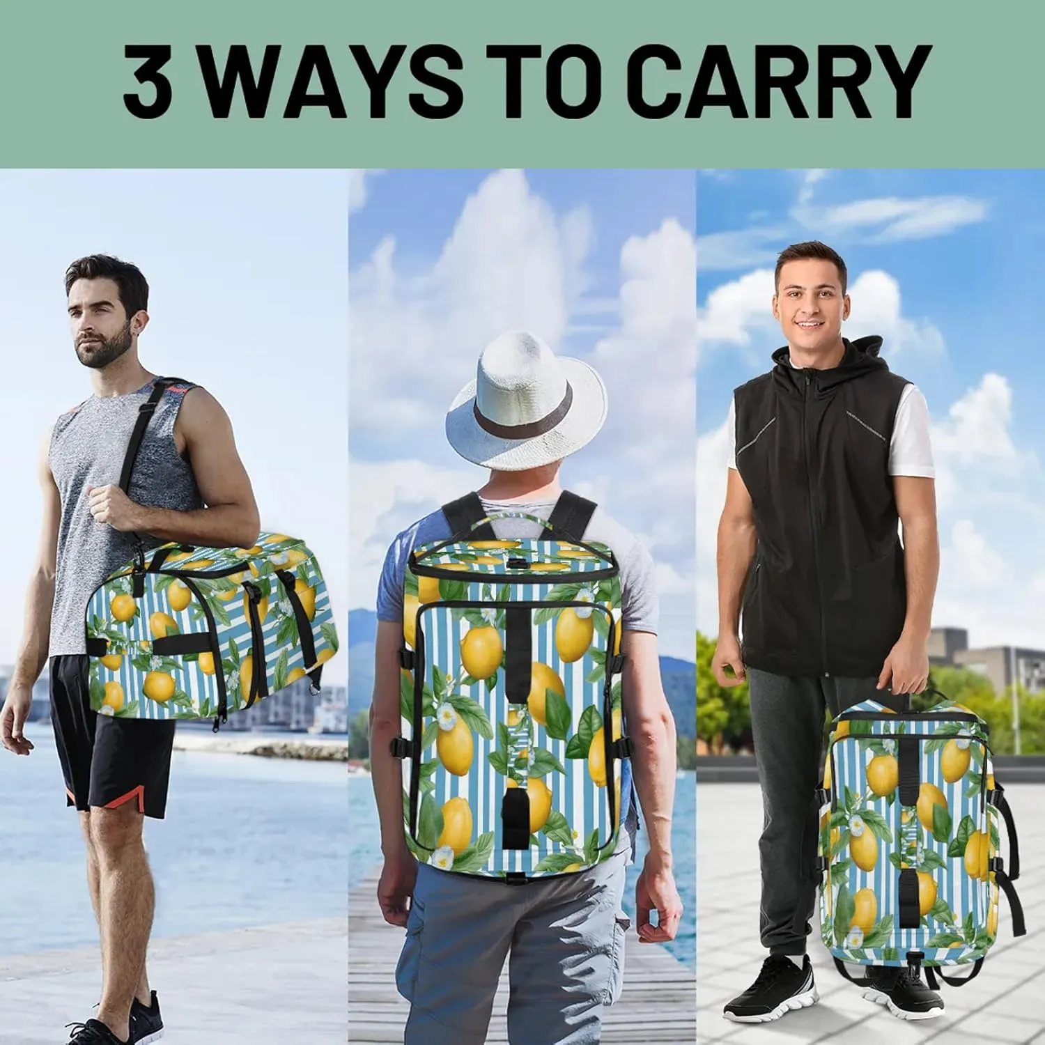Yellow Lemon Theme Gym Duffle Bag Backpack Waterproof Sports Bags with Shoe Compartment 48L Carry On Overnight Weekender Travel Luggage