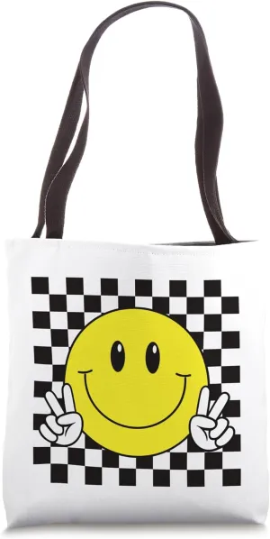 Yellow Smile Face Cute Checkered Peace Smiling Happy Face Tote Bag