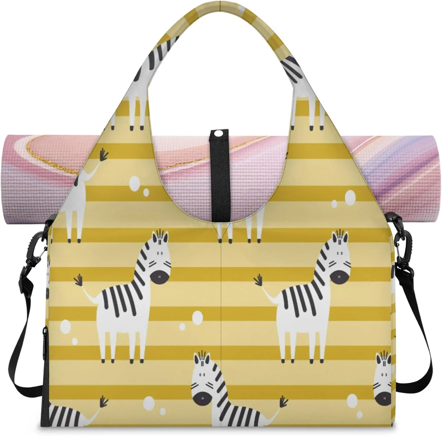 Yellow striped zebra Women's Yoga Gym Bag - Adjustable shoulder strap with shoe compartment, large gym bag with multiple pockets for yoga mat, gym equipment and travel accessories