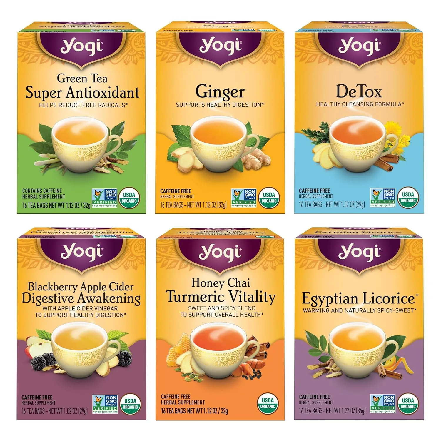Yogi Tea Digestion & Detox Variety Sampler - 16 Bags per Pack (6 Packs) - Cleanse & Digestion Support - Includes Ginger, Detox, Green Tea Super Antioxidant & More