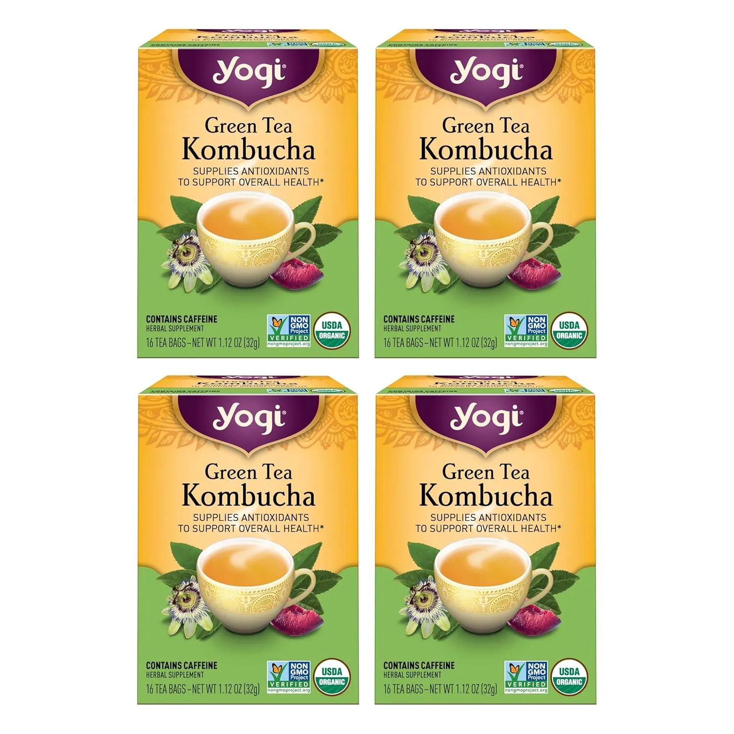 Yogi Tea Green Kombucha Tea - 16 Bags per Pack (4 Packs) - Organic - With Kombucha to Support Overall Health - Includes Lemongrass, Spearmint Leaf & More