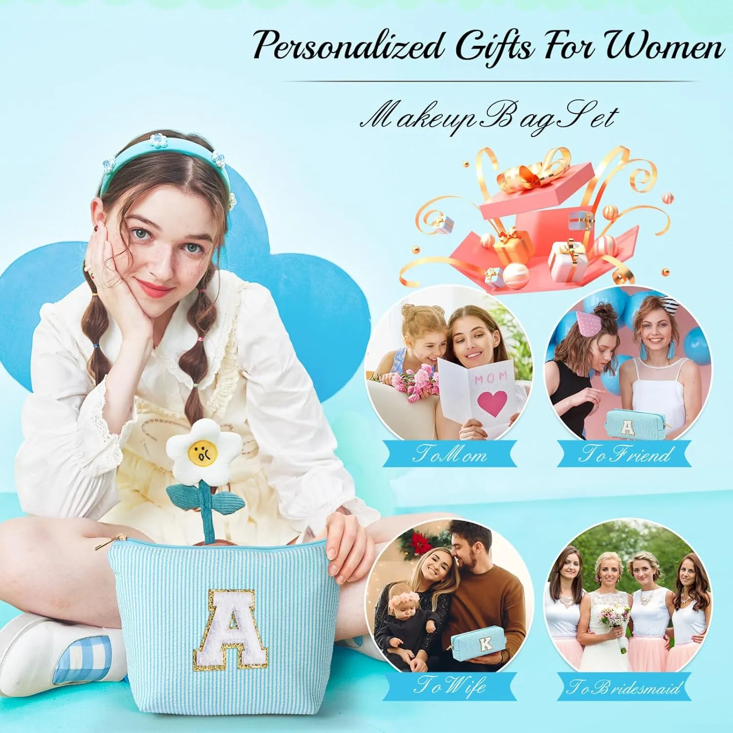 YOOLIFE Cute Travel Makeup Bag - Sweet 16 Gifts Sister Girlfriend Gifts Monogram Makeup Bag Make Up Bag Large Cosmetic Bags for Women Makeup Bag Friend Birthday Gifts Teen Girl Gifts Trendy Stuff M