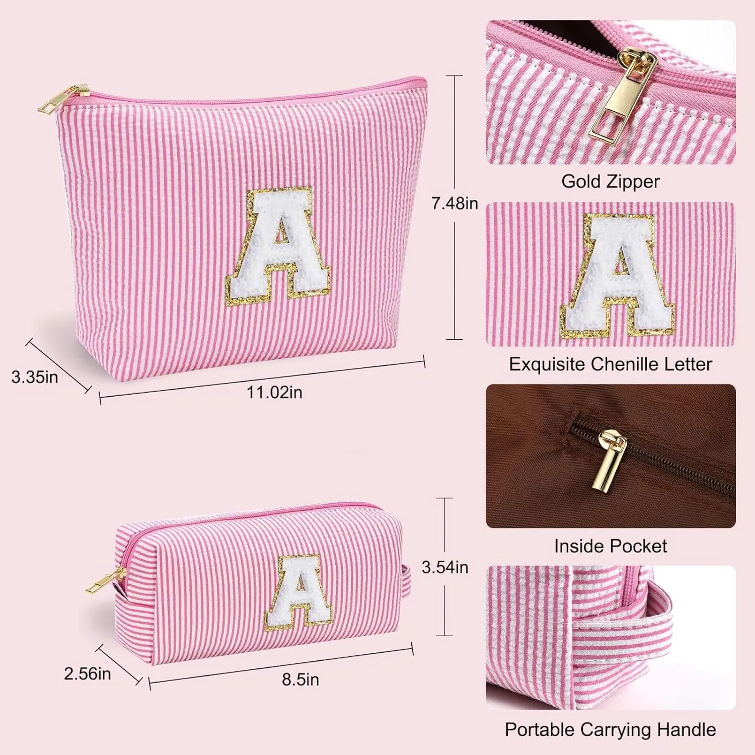 YOOLIFE Personalized Makeup Bag for Women - Monogram Cosmetic Bag Travel Toiletry Bag Brush Holder Birthday Gifts for Women Her Wedding Bridesmaid Friend Sister Teacher Wife Grandma Pink Initial E