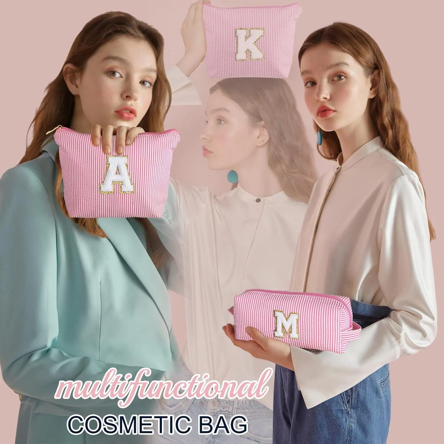 YOOLIFE Personalized Makeup Bag for Women - Monogram Cosmetic Bag Travel Toiletry Bag Brush Holder Birthday Gifts for Women Her Wedding Bridesmaid Friend Sister Teacher Wife Grandma Pink Initial E