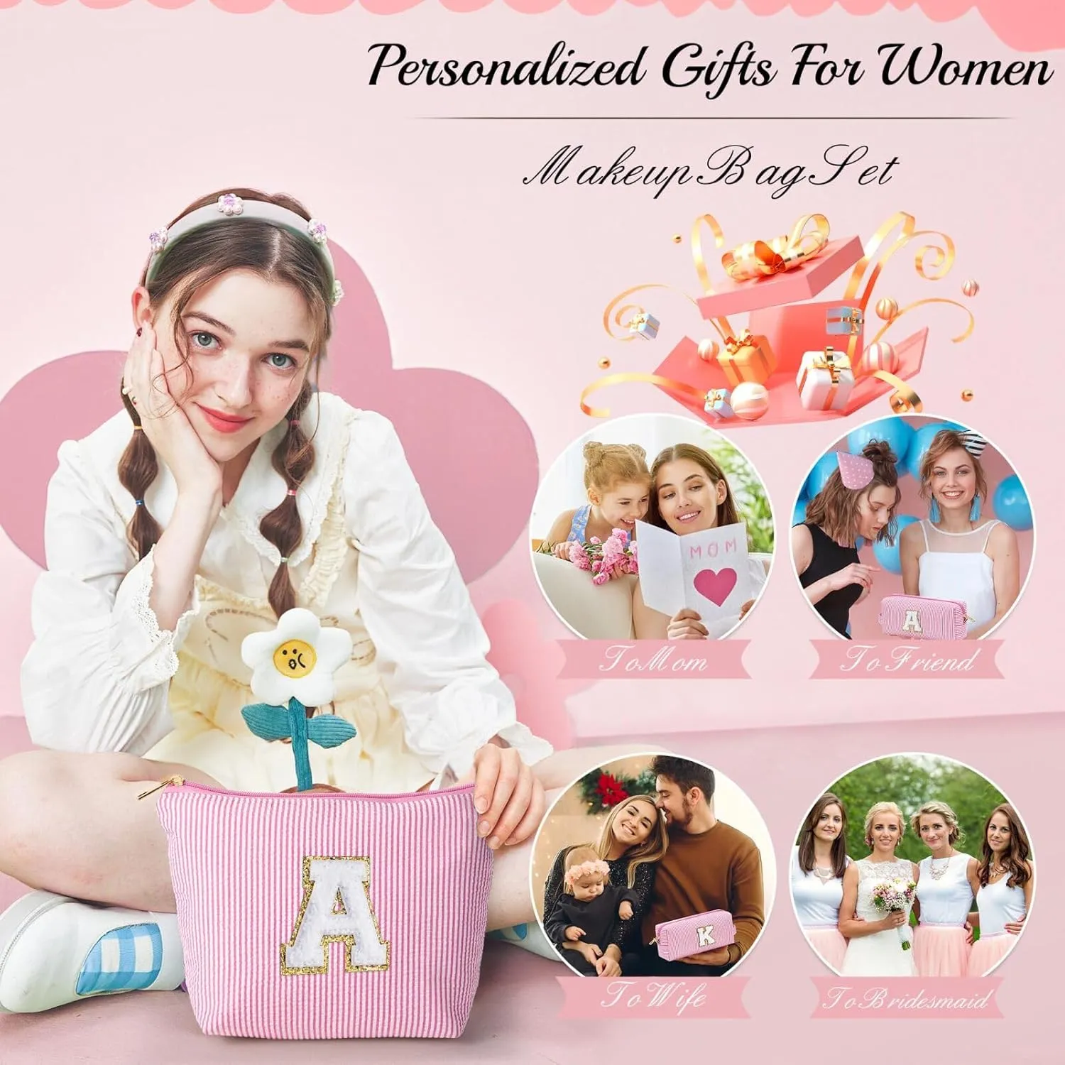 YOOLIFE Personalized Makeup Bag for Women - Monogram Cosmetic Bag Travel Toiletry Bag Brush Holder Birthday Gifts for Women Her Wedding Bridesmaid Friend Sister Teacher Wife Grandma Pink Initial E