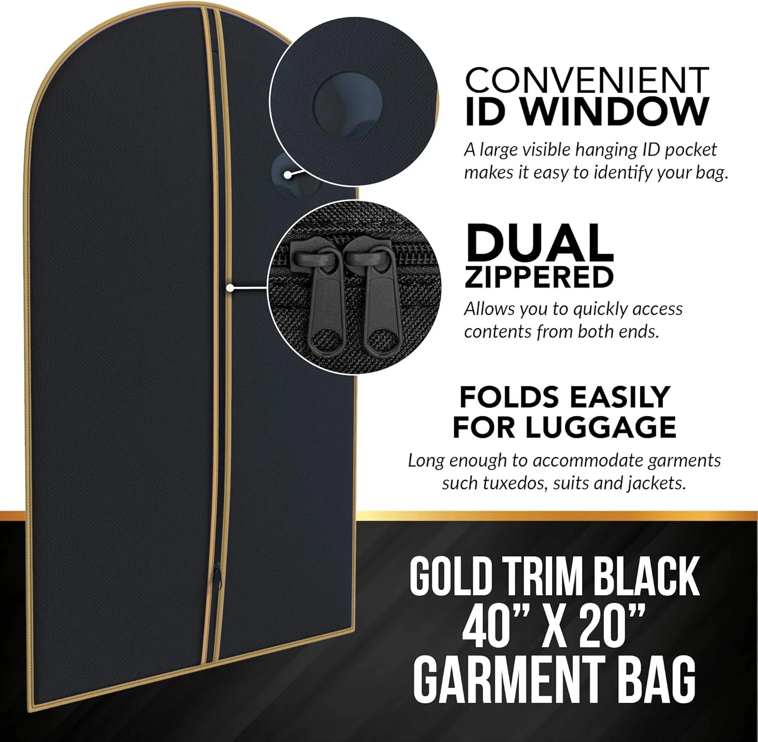 Your Bags Black With Gold Trim Suit Garment Travel Bags 3 Pack - 40" X 24"