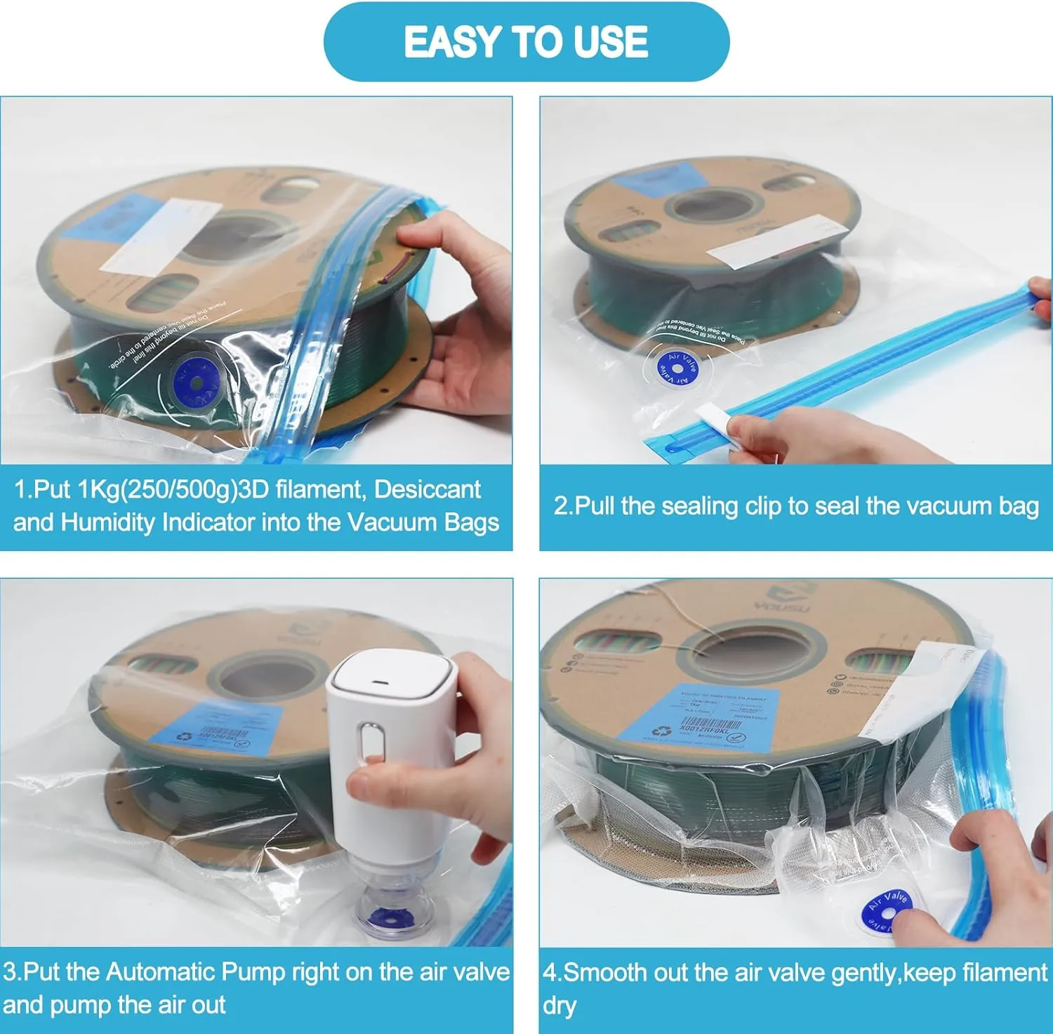 YOUSU Filament Storage Bags Vacuum Kit, Cleaning Drying Sealed 16 Bags with Two Sizes for 3D Printer Filament with Automatic Pumps/Desiccants/Humidity Indicator Cards/Clips