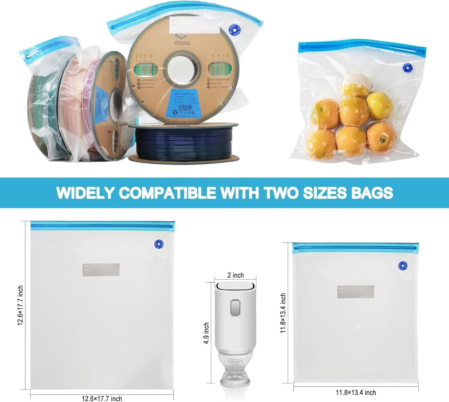 YOUSU Filament Storage Bags Vacuum Kit, Cleaning Drying Sealed 16 Bags with Two Sizes for 3D Printer Filament with Automatic Pumps/Desiccants/Humidity Indicator Cards/Clips