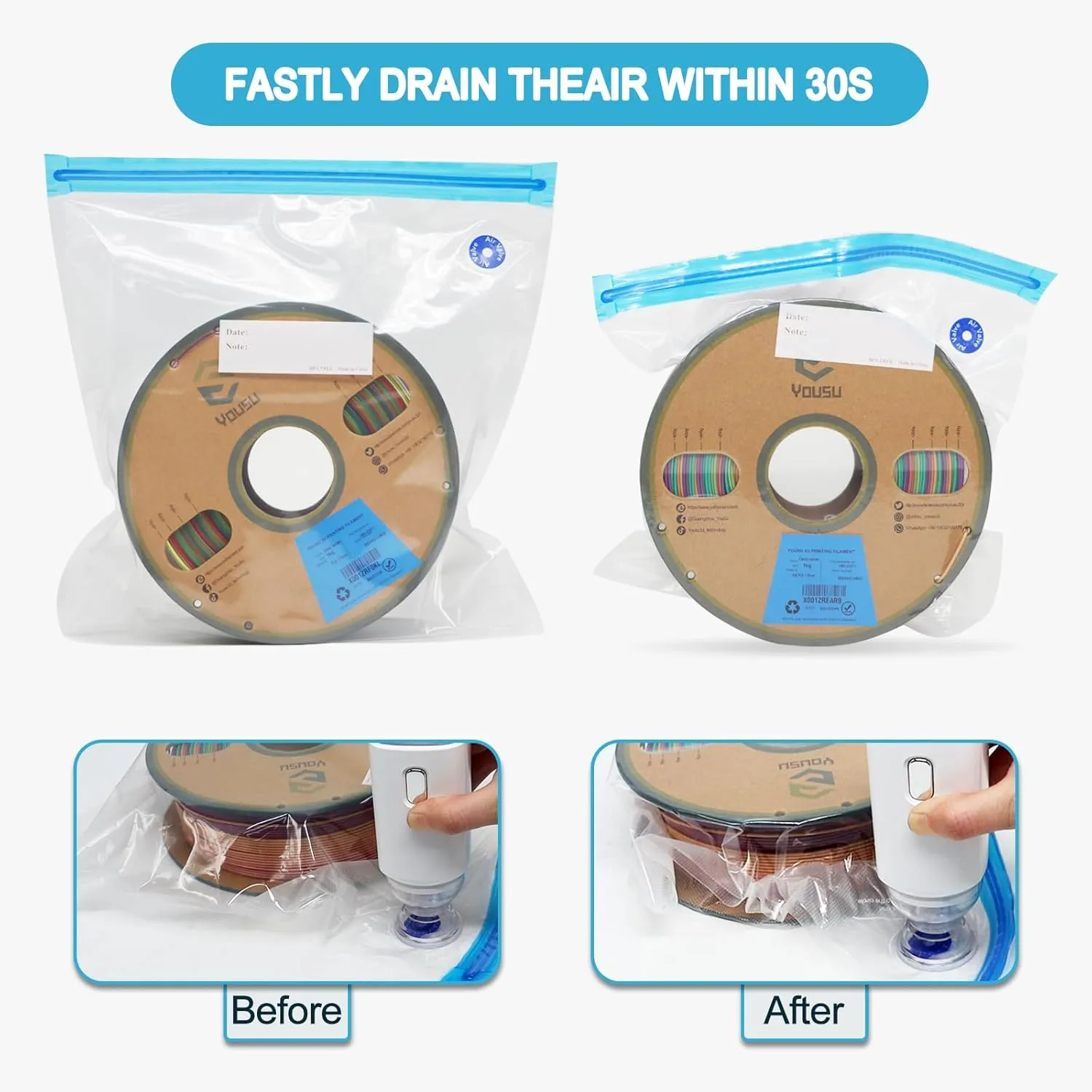 YOUSU Filament Storage Bags Vacuum Kit, Cleaning Drying Sealed 16 Bags with Two Sizes for 3D Printer Filament with Automatic Pumps/Desiccants/Humidity Indicator Cards/Clips