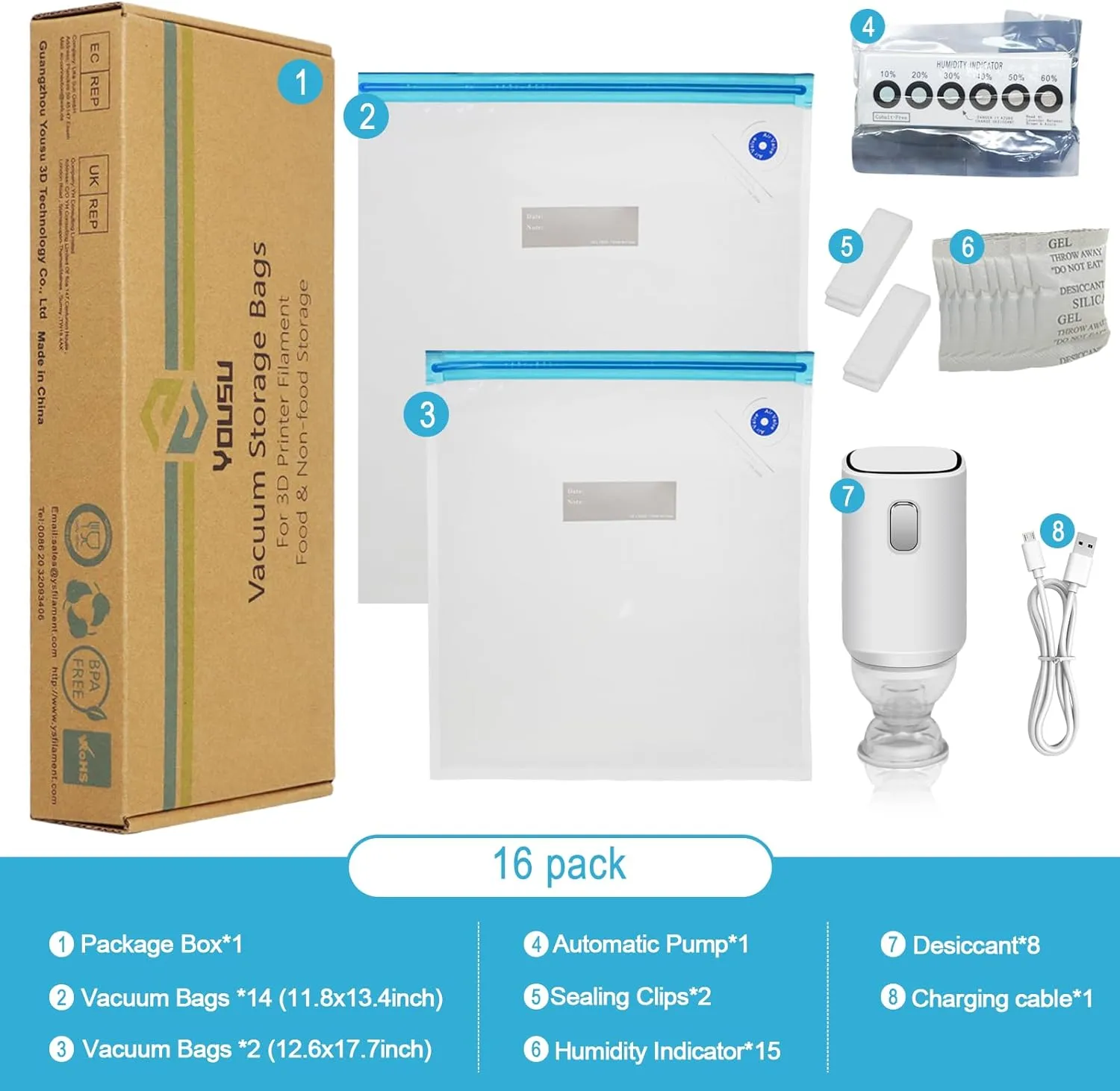 YOUSU Filament Storage Bags Vacuum Kit, Cleaning Drying Sealed 16 Bags with Two Sizes for 3D Printer Filament with Automatic Pumps/Desiccants/Humidity Indicator Cards/Clips