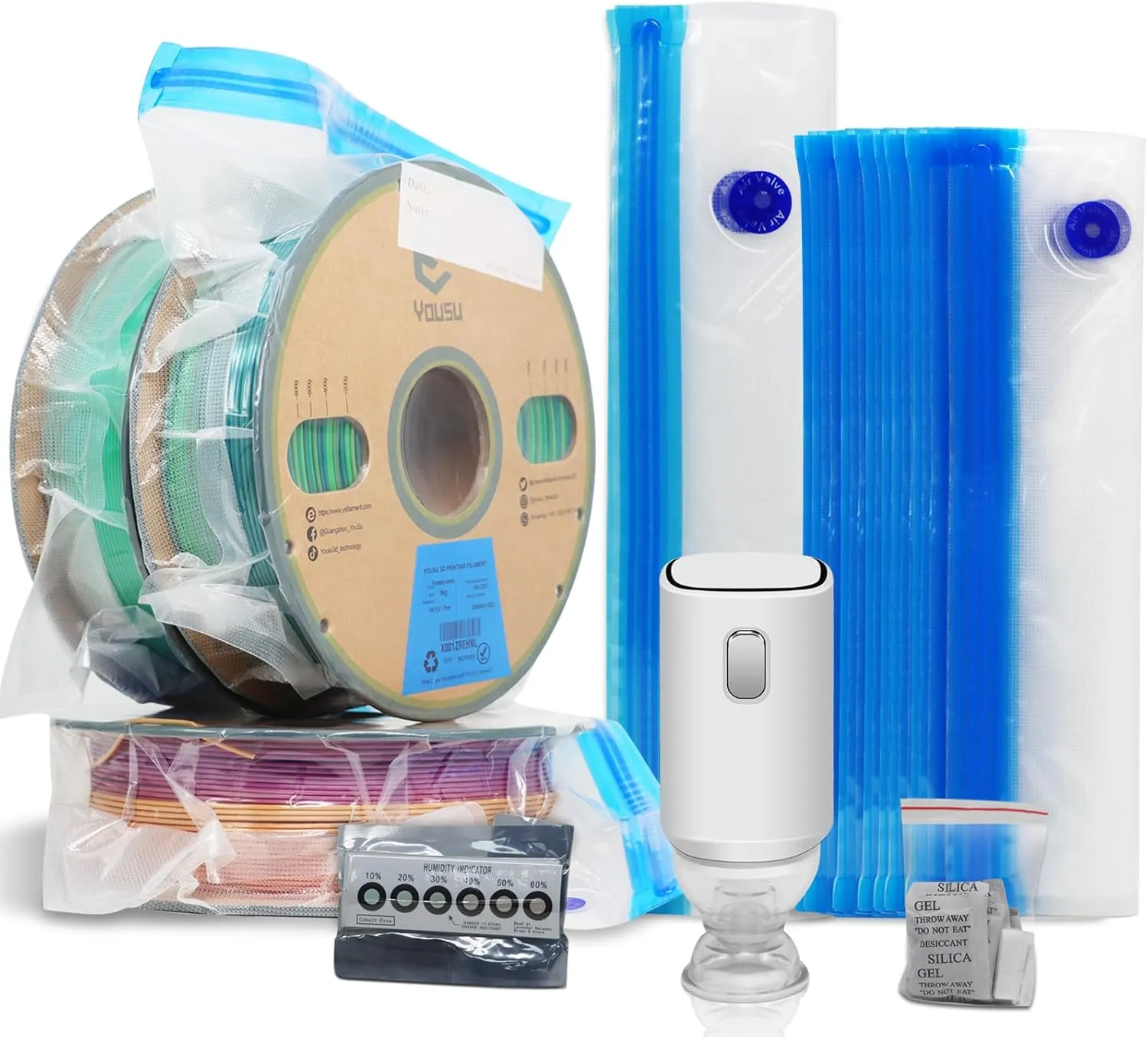 YOUSU Filament Storage Bags Vacuum Kit, Cleaning Drying Sealed 16 Bags with Two Sizes for 3D Printer Filament with Automatic Pumps/Desiccants/Humidity Indicator Cards/Clips