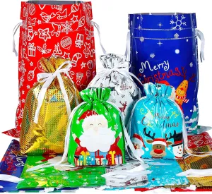 YQL 30PCS Christmas Drawstring Gift Bags Assorted Sizes,Christmas Wrapping Bags Gift Sacks Xmas Presents Fast Wrapping for Birthday Holiday Party Favor