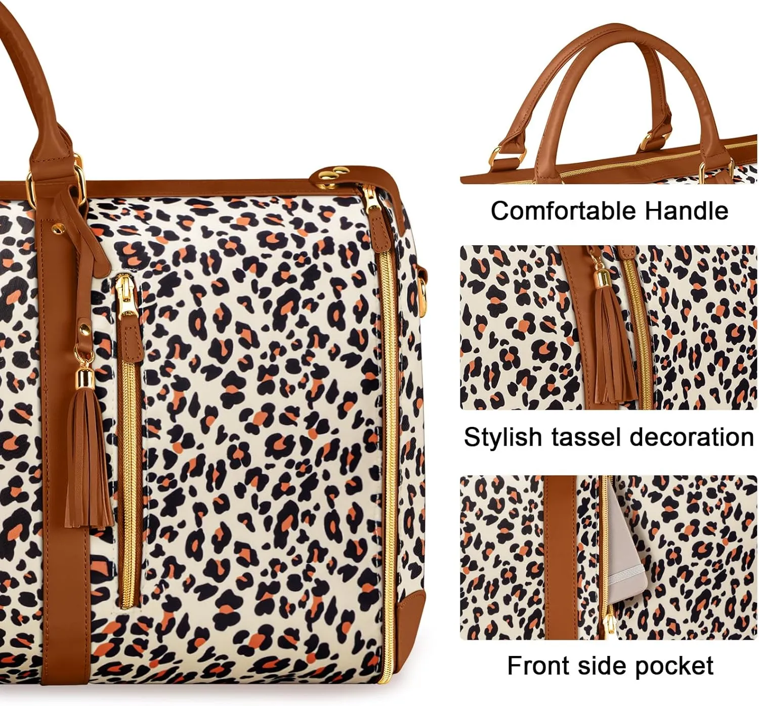 Ytonet Convertible Garment Bags for Travel, Large Carry on Garment Weekender Bag, Water Resistant Travel Duffel Bags with Shoe Pouch, 2 in 1 Hanging Suitcase Suit Foldable Travel Bags, Leopard